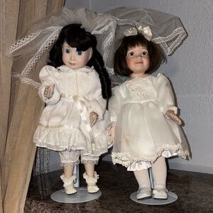Vintage Porcelain Dolls in White Dresses